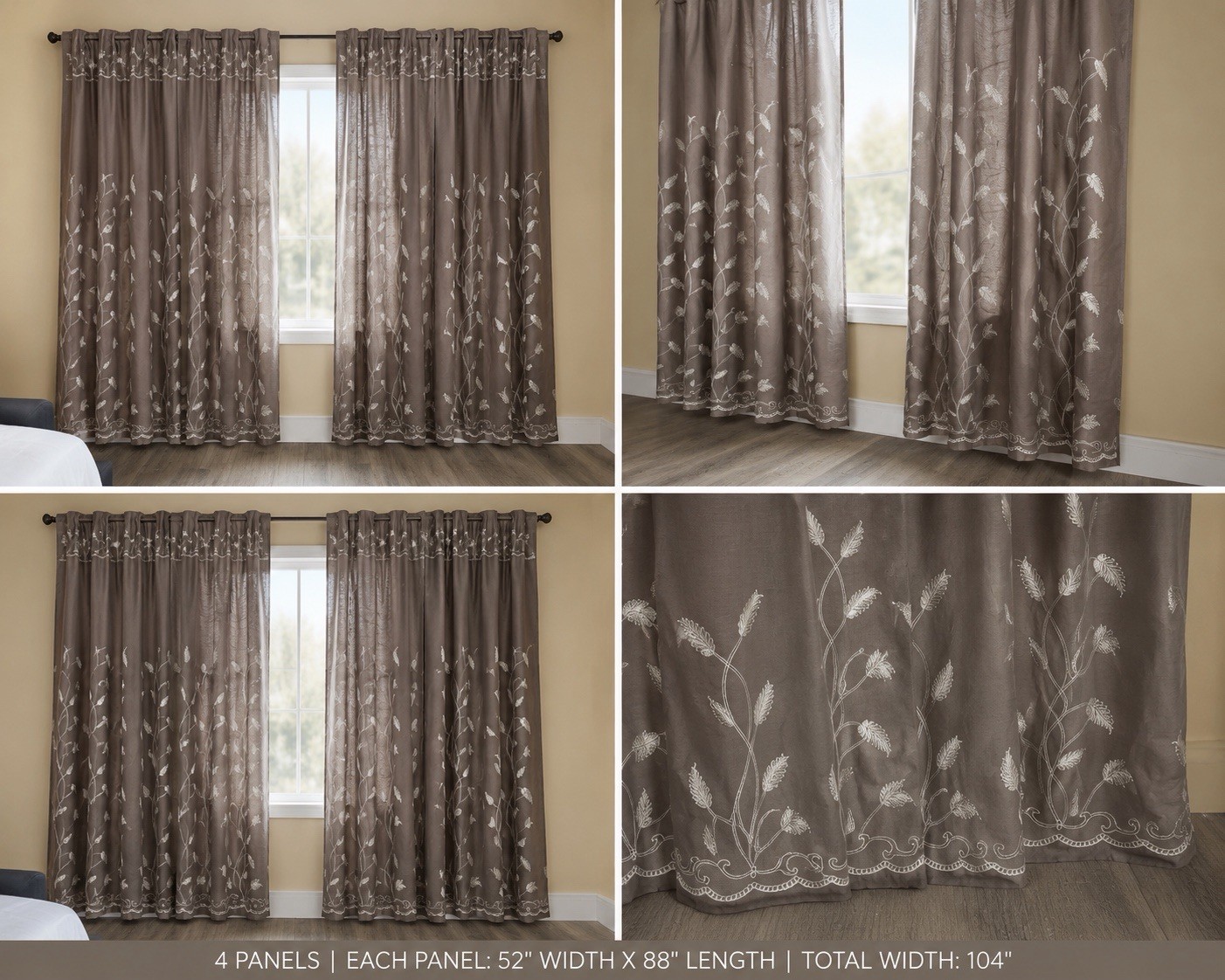 Gray Embroidered Flower 4 Pack Window Panels Curtain Set 52″W x 88″L Opaque