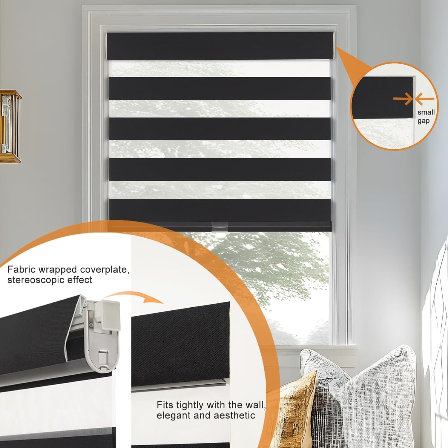 Black METechs No-Drill Zebra Blinds – Dual Layer Light Filtering Cordless Shades