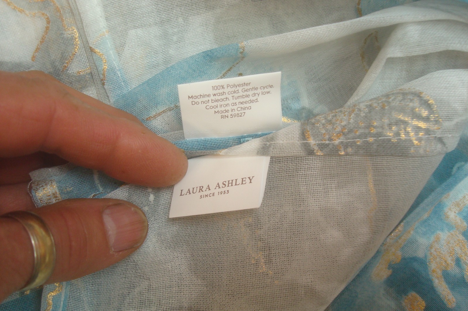 NWT Laura Ashley 4 pc Curtains Metallic Floral Sheer Aqua Gold each 38 x 96″ lg