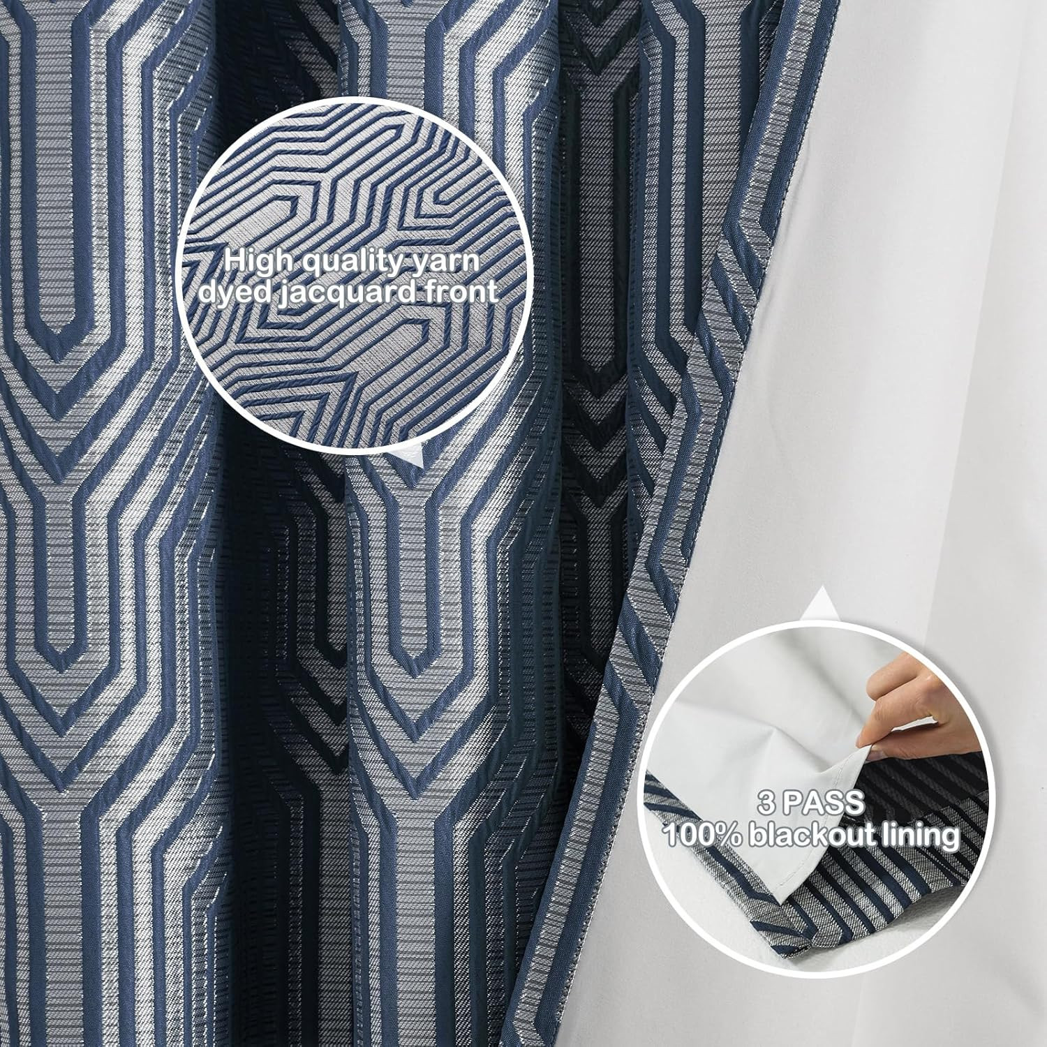Indigo Blue Geometric Blackout Curtains, 52×96, Thermal Insulated Drapes