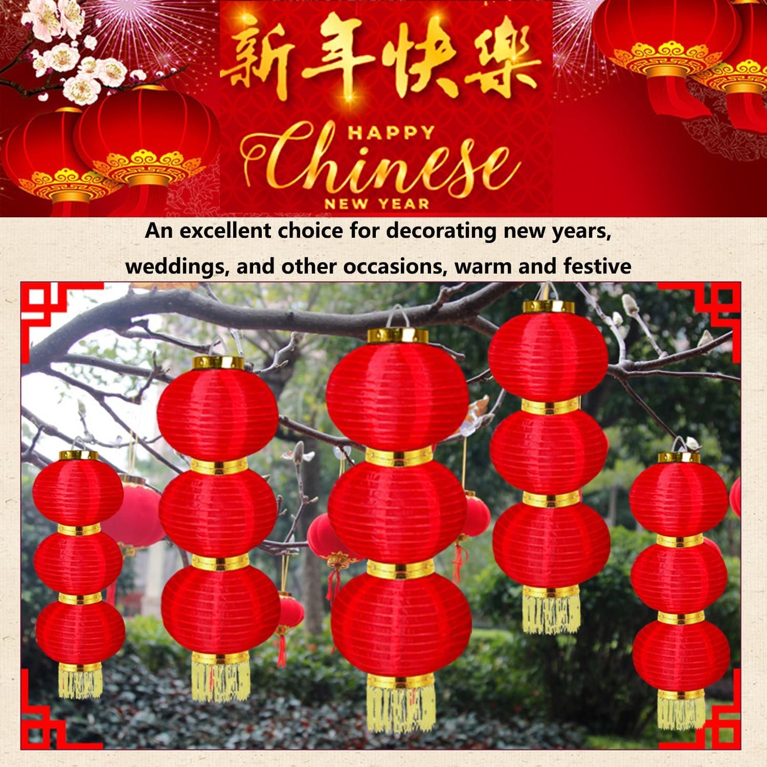 Chinese New Year Decorations 2 Sets Red Fabric Lanterns Decorative Hanging La…