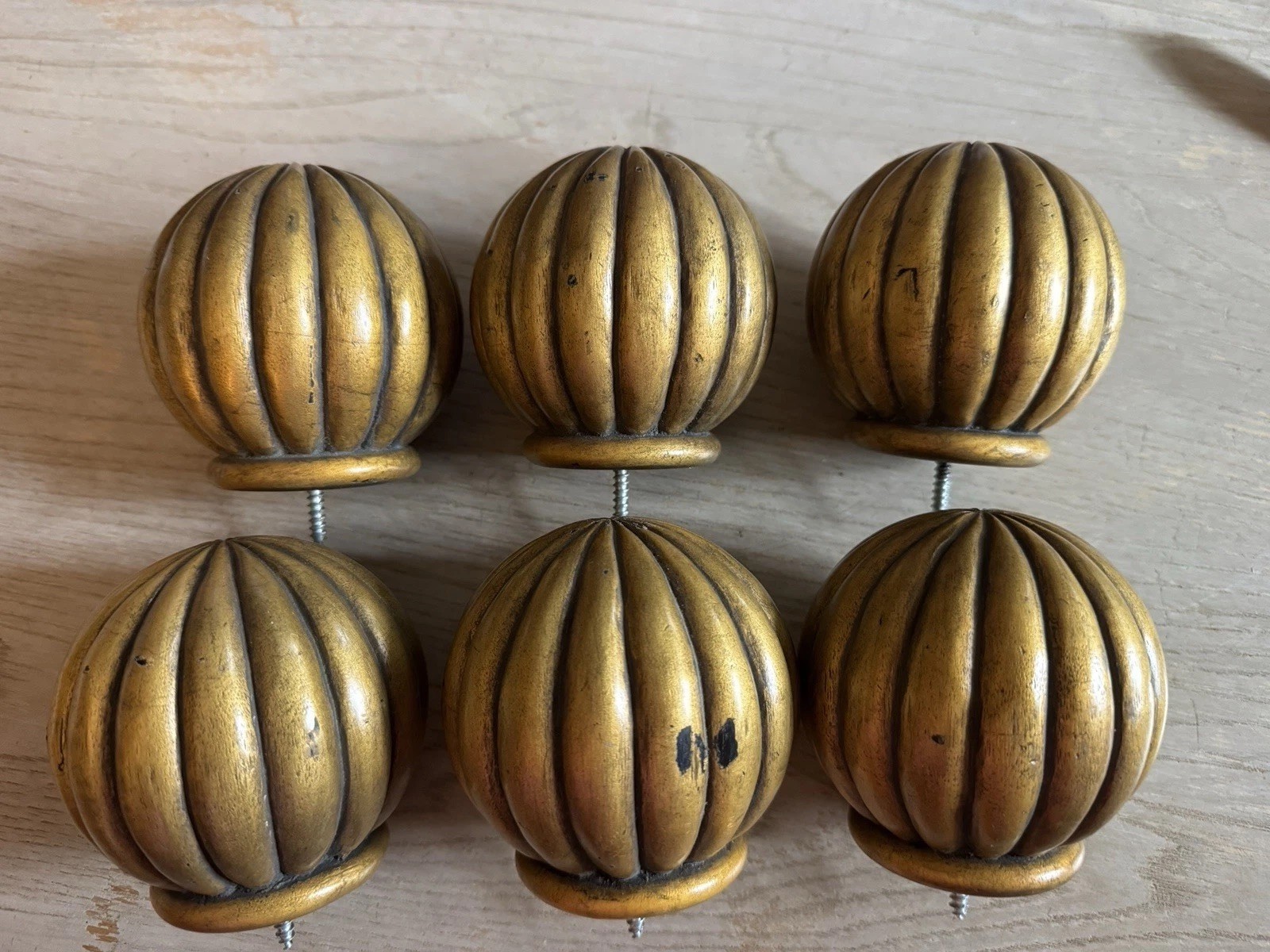 6 Solid Wood Antique Gold Curtain Rod Finials 3 1/2” Long With 2 1/8”Diameter.
