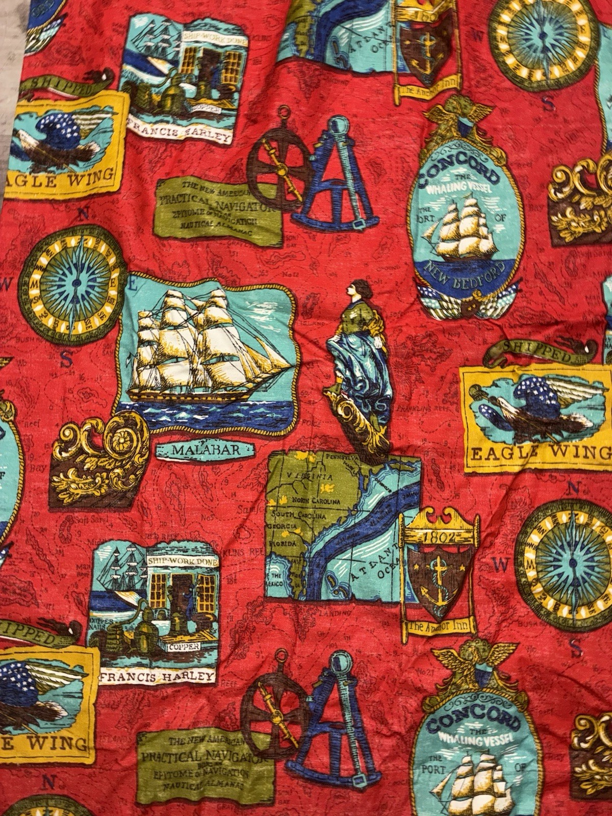 Curtain Drapery One Panel Red Whaling New England Nautical 80×24 60s 70s Vintage