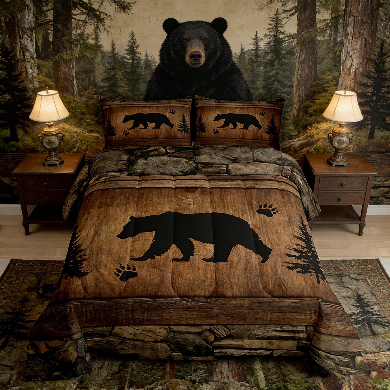 Rustic Bear Comforter Set Queen Size,Wild Animal Queen, Brown
