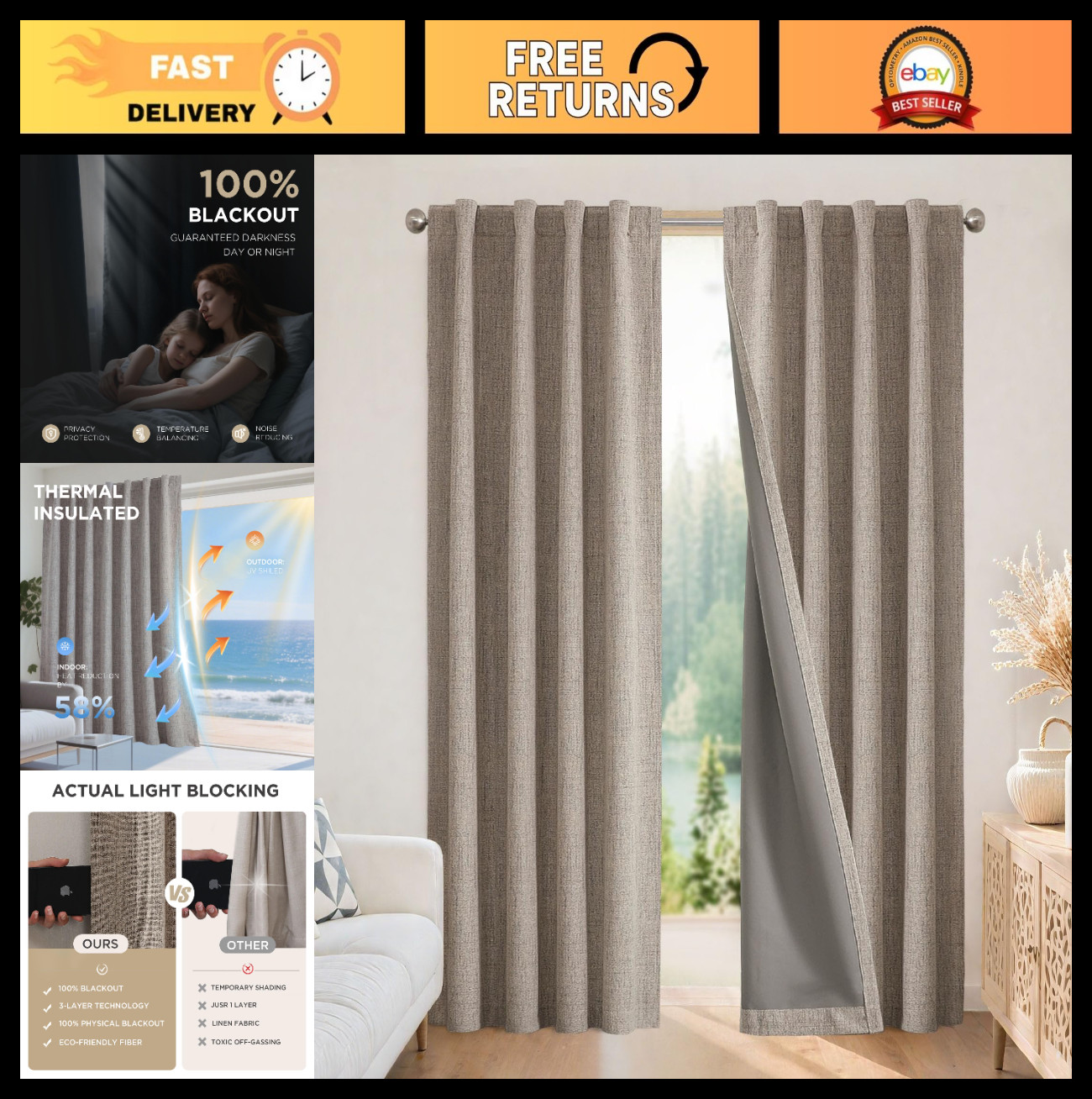 100% Blackout Curtains 84″ Long – Nature Linen Light Blocking Drapes, 2 Panels S