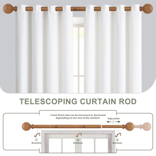 Brown Ball Adjustable Curtain Rods, 36-88″ Heavy 36-88″(1 PACK) Wood Grain