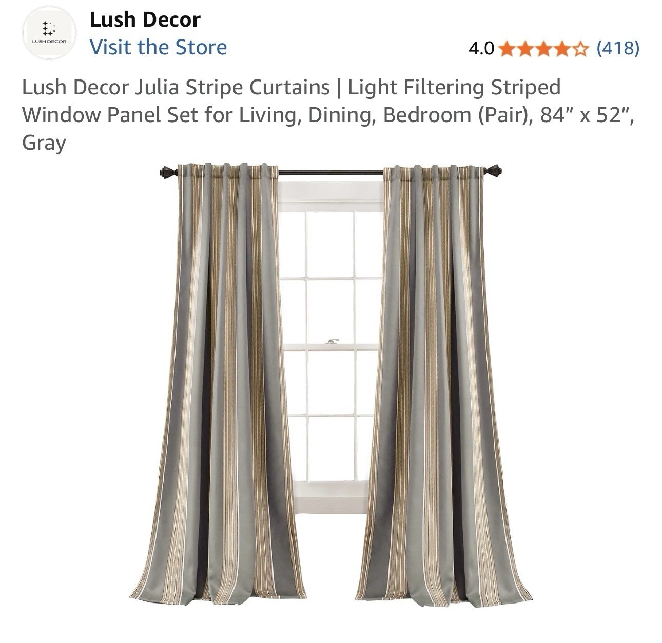 Lush Decor Julia Stripe light filtering rod pocket curtain panels 52 x 84in