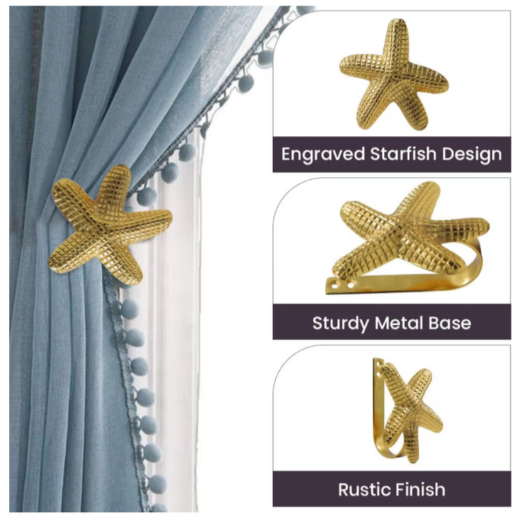 NEW 2-Pack GOLD STARFISH CURTAIN TIEBACKS Adjustable Curtain Holdback Hooks