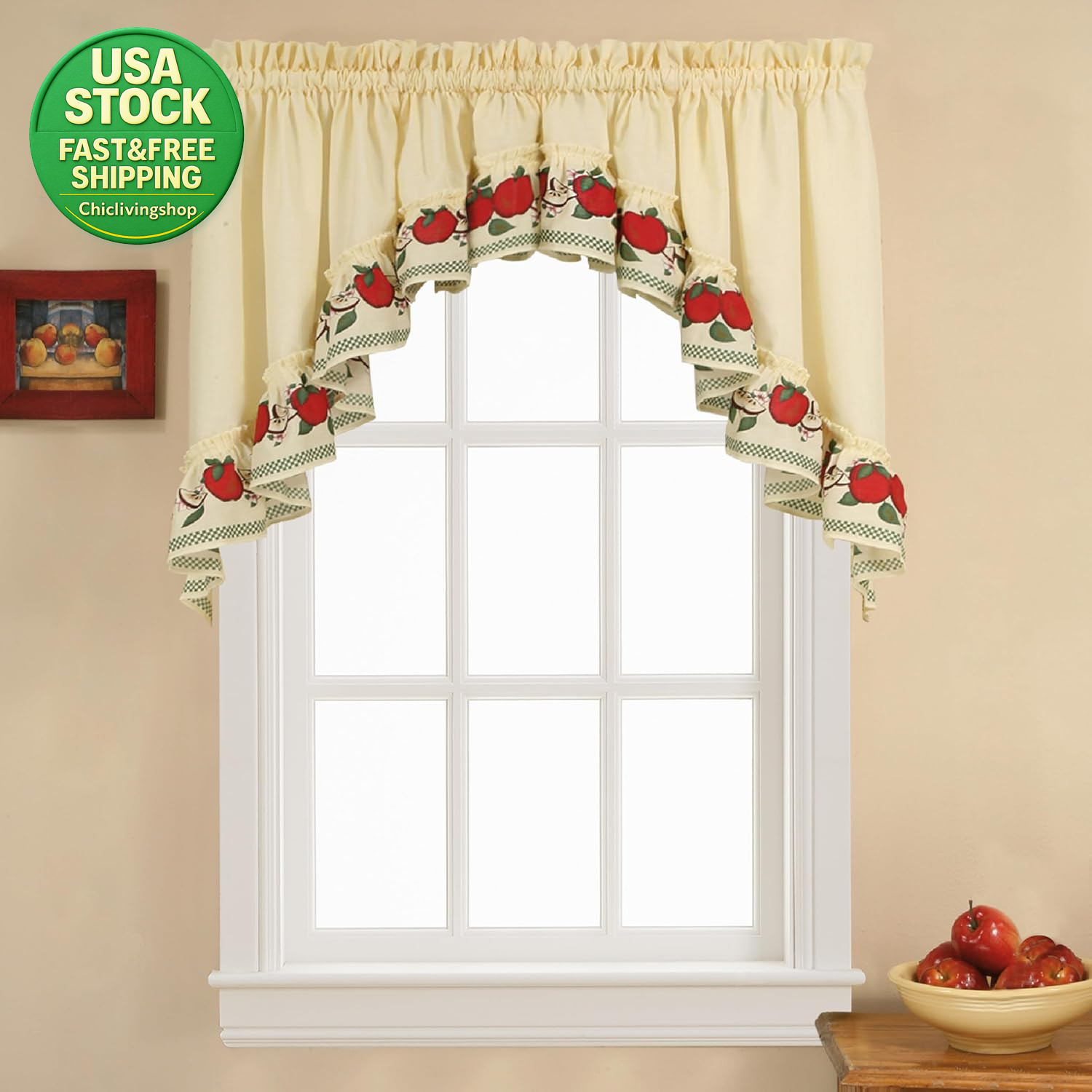 Window Curtain Tier Set Red Delicious Apples Ivory 56X24 3-Piece Lightweight