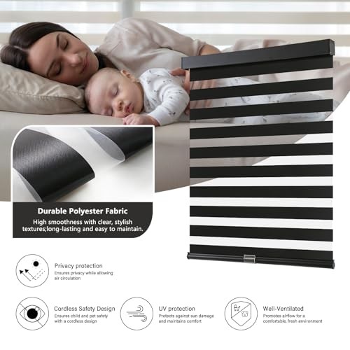 Cordless Zebra Blinds for Windows Pull Down Roller Window 20″W x 72″H Black