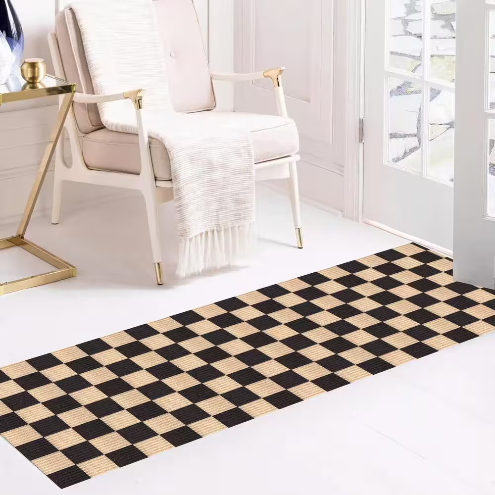 Heavey Duty Checkered Black and Beige 31 In. W X 26 Ft. L Indoor/Outdoor Runner