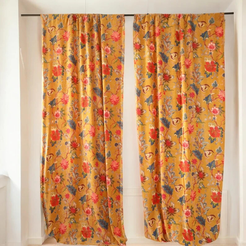 Vintage Cotton Velvet Yellow Color Bird Print Luxury Curtain,Boho Curtain Drapes