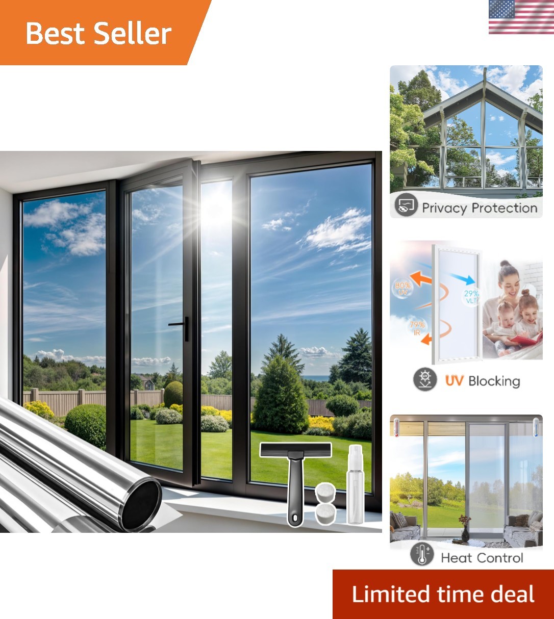 Static Cling Reflective Window Film – Daytime Privacy & UV Protection (30x200cm)