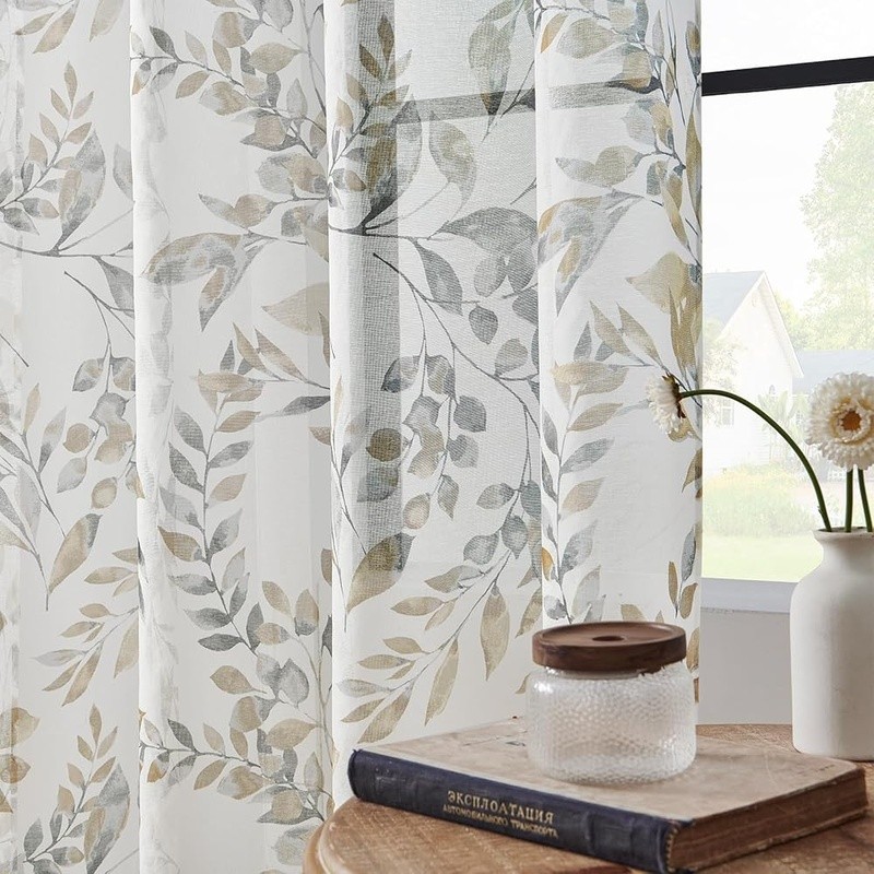 Farmhouse Botanical Leaf Print Curtains Durable Light Filtering Panels Easy Care