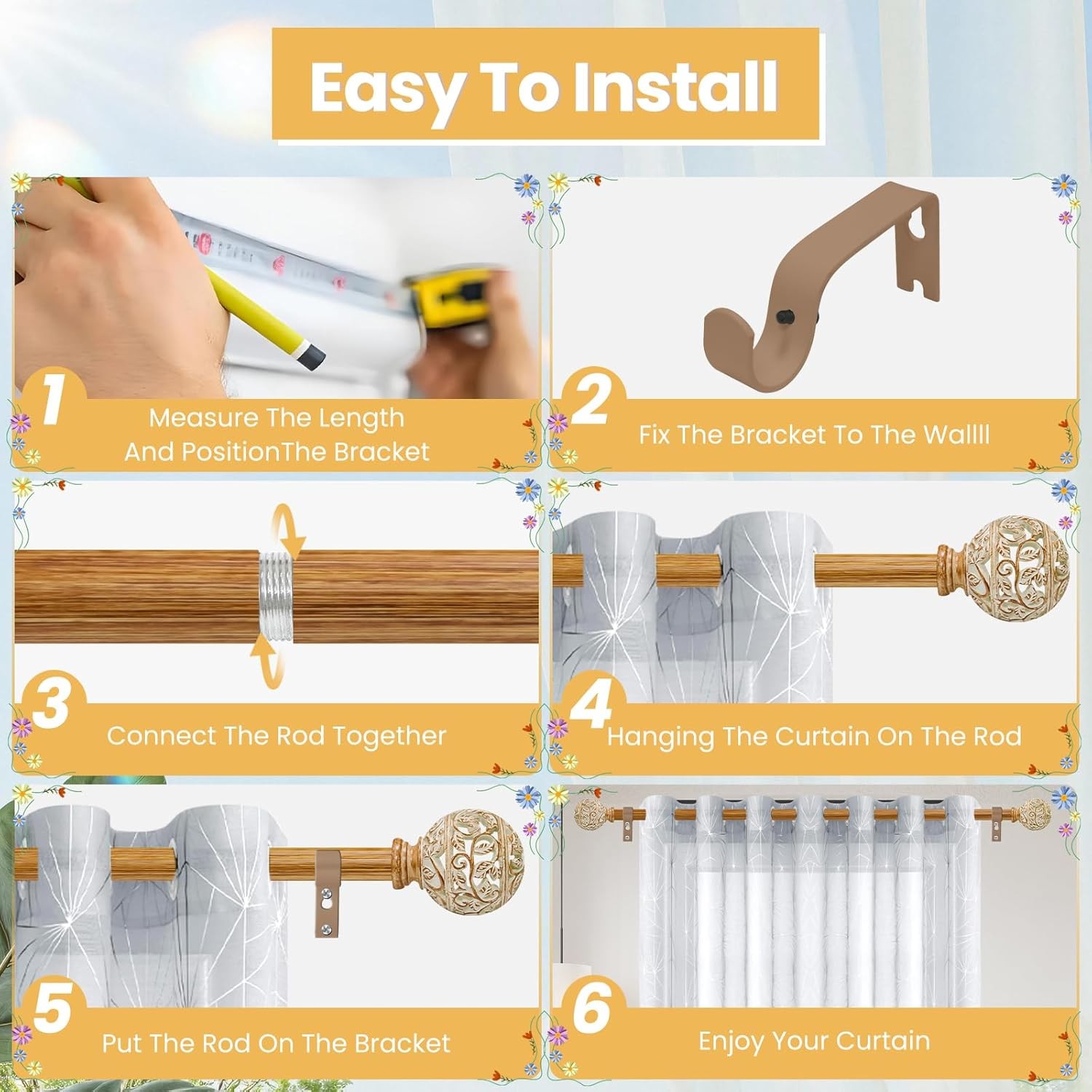 BOHO WOOD DECORATIVE WINDOW CURTAIN RODS Heavy Duty Adjustable 28-48 Inches