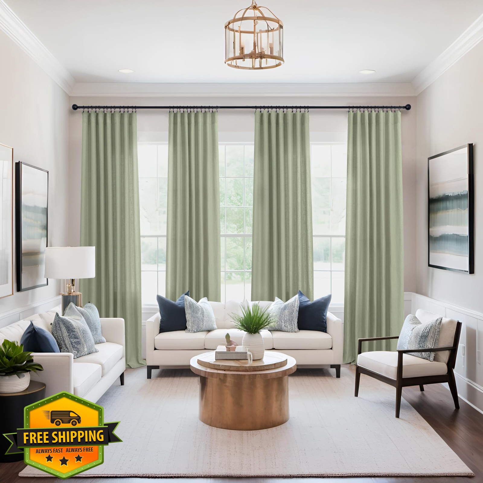 Mrs.Naturall Sage Green Curtains 96 Inches Long 2 Panel Set, Organic Linen Mo…