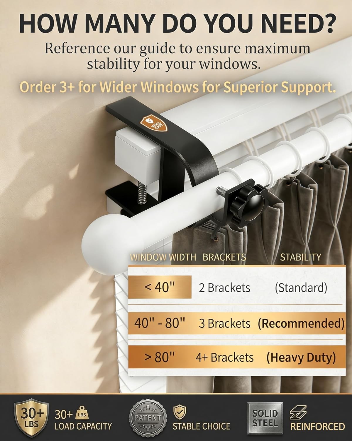 No Drill Curtain Rod Brackets Inside & Outside Mount [Patented] Adjustable Fits