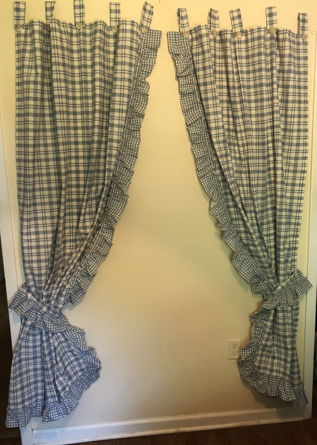 Cottagecore Set Of Curtains Blue White Plaid Ruffled Tab Top Each 80”L x 46”W