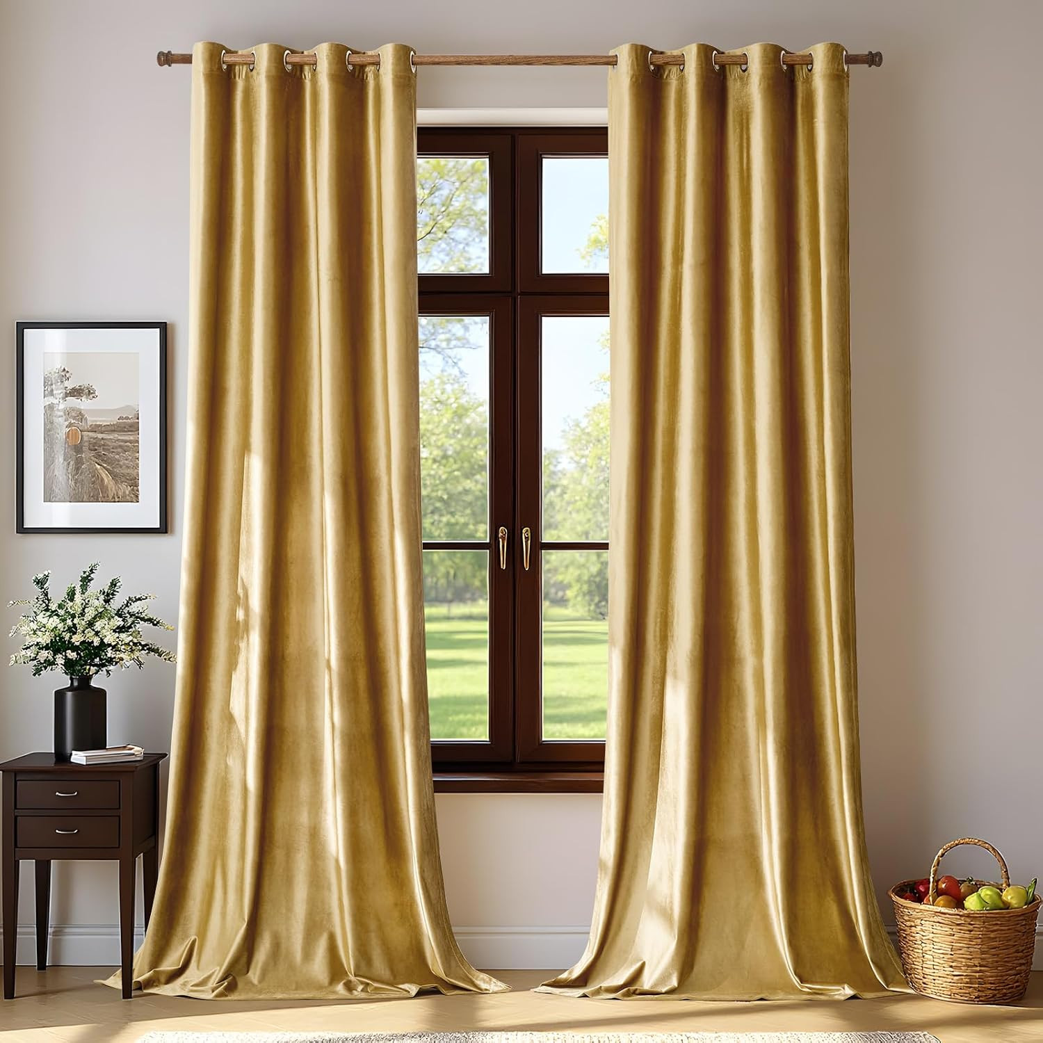 Velvet Gold Curtains 108 Inch Length- Living Room Blackout Thermal Window Drapes