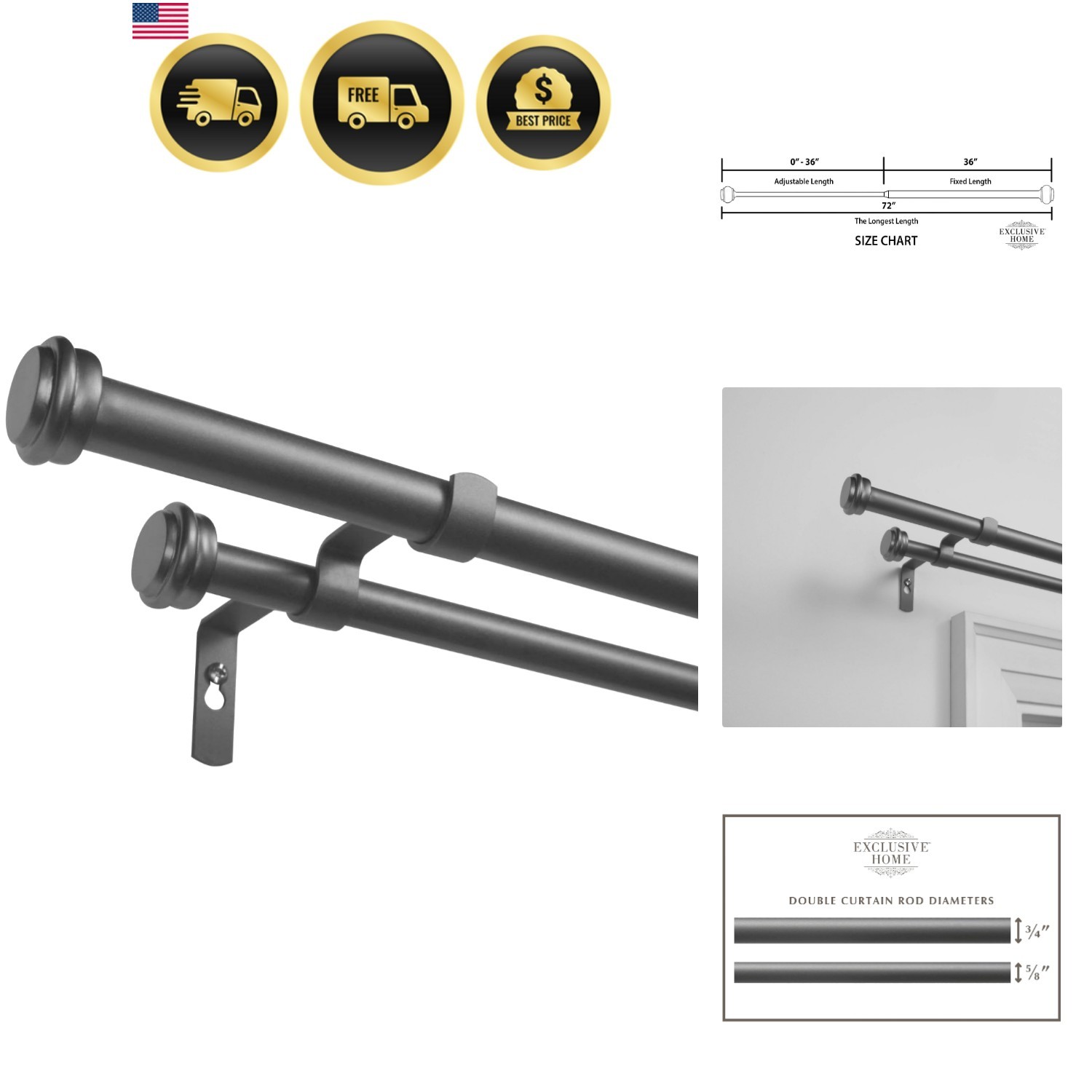 Topper Double Curtain Rod and Finial Set, Gunmetal, 36″-72″