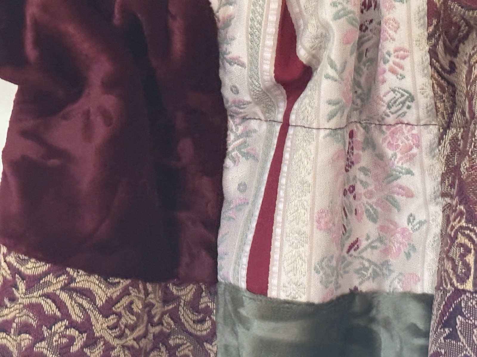 2 Scallop Patchwork Valances Burgundy Green Gold Velvet Tapestry Jarquard 54X18
