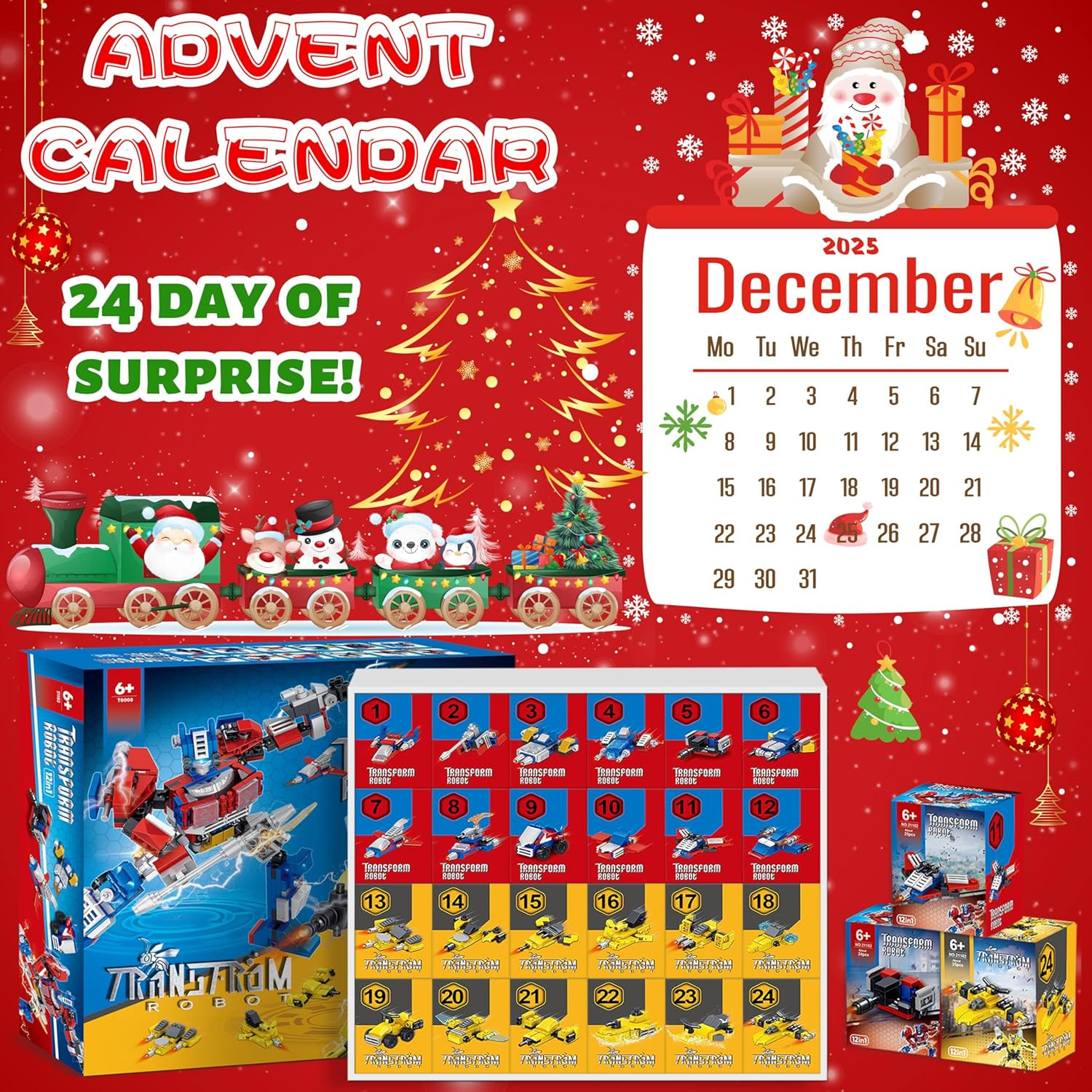 Advent Calendar 2025-24 Packs Transform Robot Building Blocks, 12-in-1 Party Fav