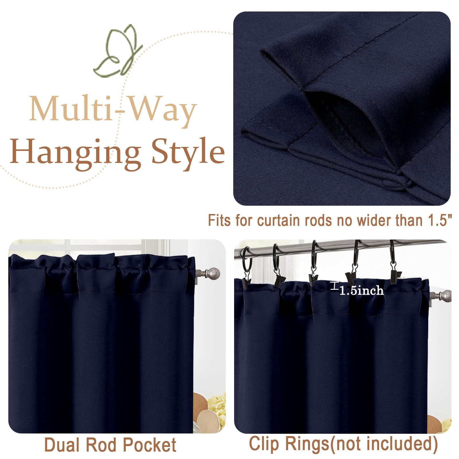 Navy Blue Blackout Curtains for Small Window Treatment, Light Blocking Short …
