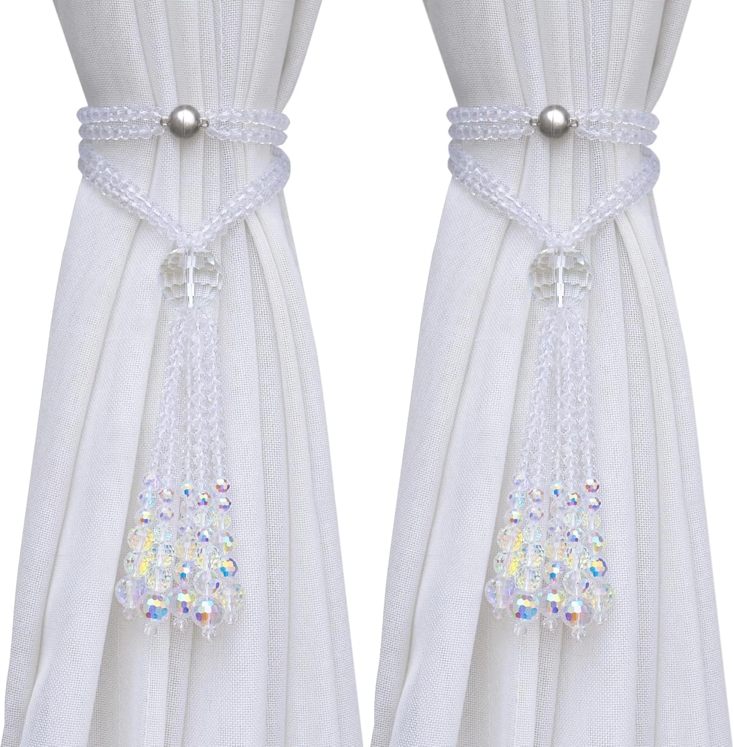 Magnetic Curtain Tiebacks, 2 Pack Crystal Beaded Tassel Sheer/Drapery Curtain Ho