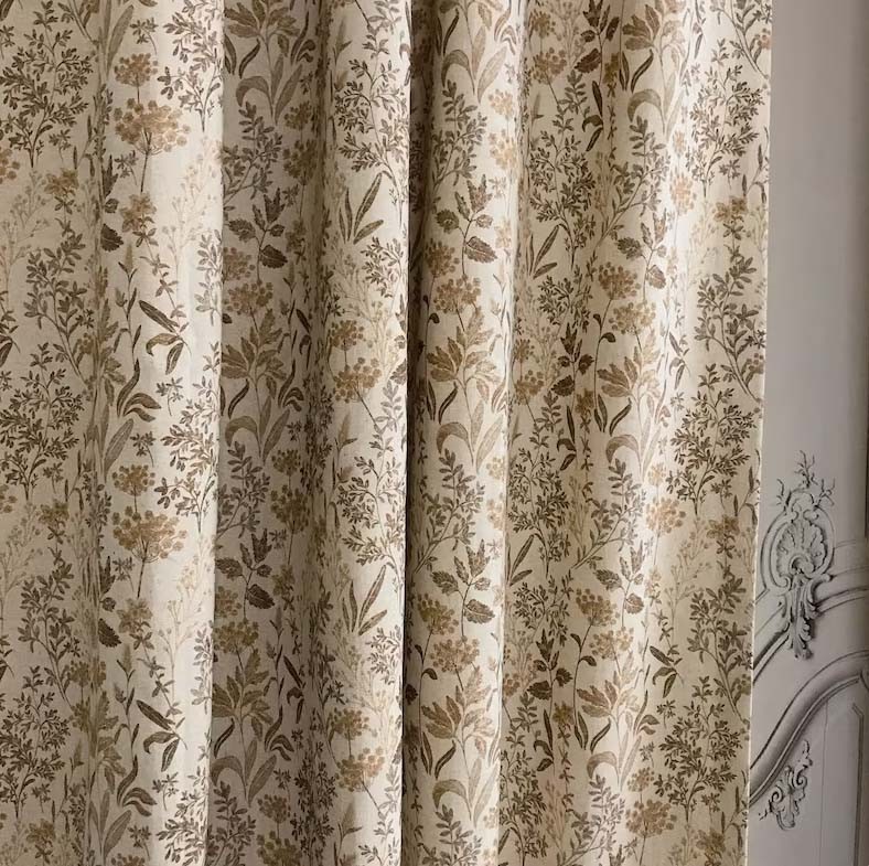 Handcrafted Floral Curtains Linen Blend Natural Beige Made to Order Custom Panel