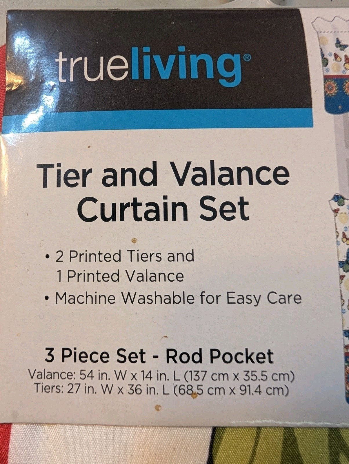 Trueliving 3 Piece Tier & Valance Curtain Set Rod Pocket Butterfly Flowers