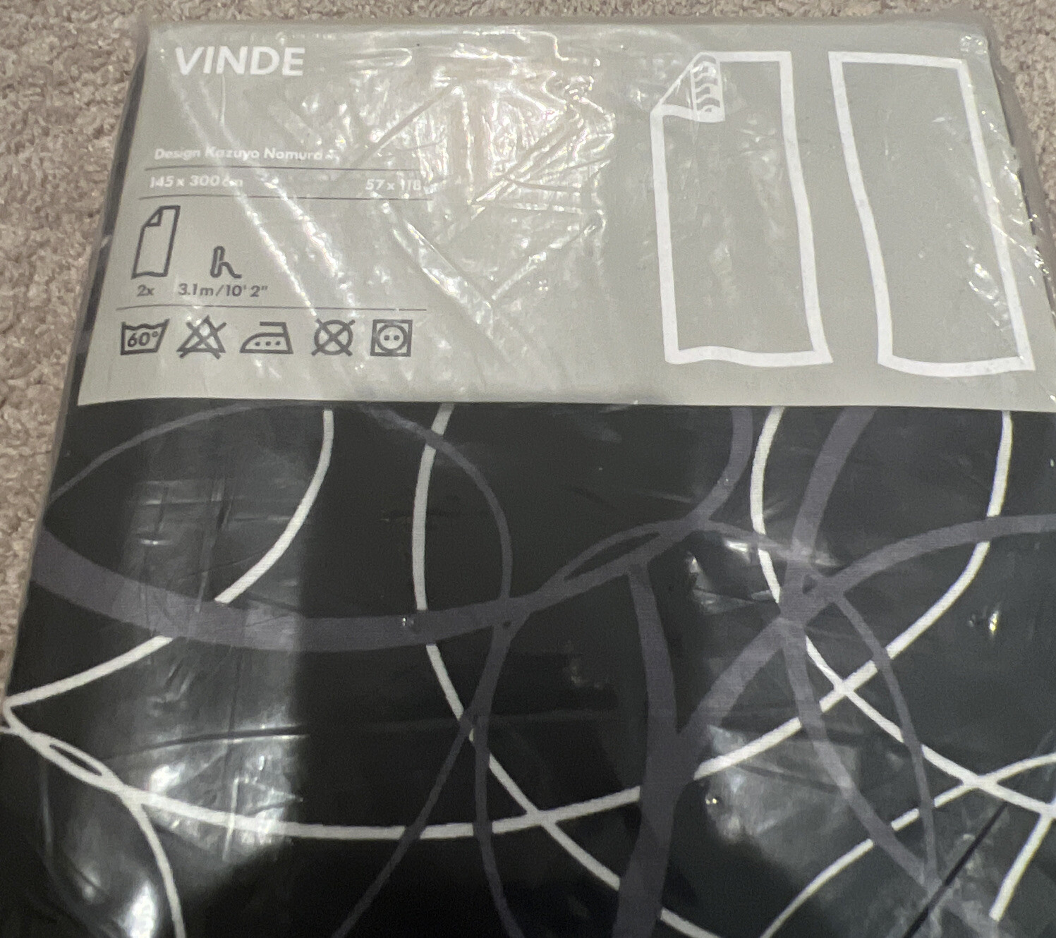 Ikea Vinde Drapes Curtains New Designed By Kazuyo Nomura. Black W/ White 57×118”