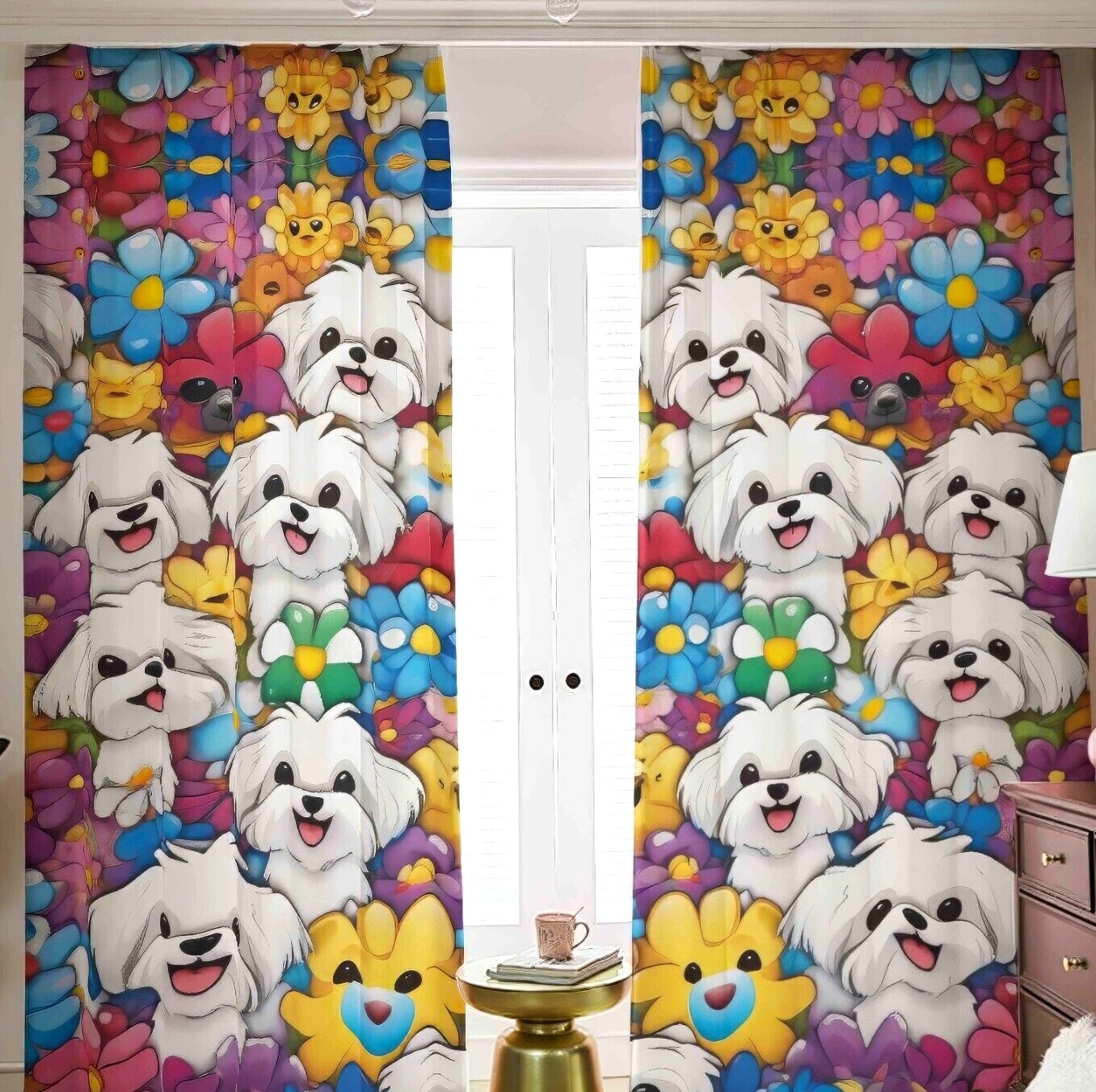 Maltese Emoji Dog Blackout Curtains Shades Drapes 2 Panels Black Out Girls Room