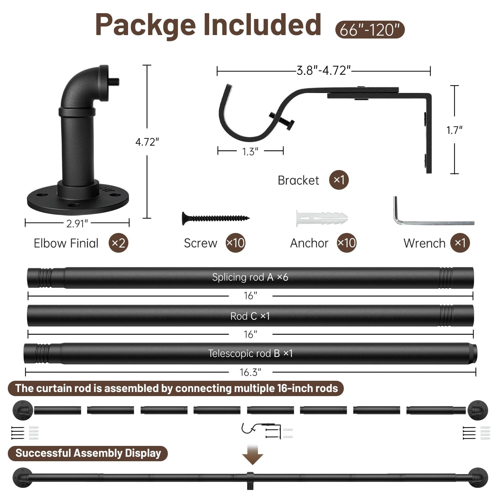 Zeerobee 66-120in Wrap Around Curtain Rod 1in Industrial Black Adjustable