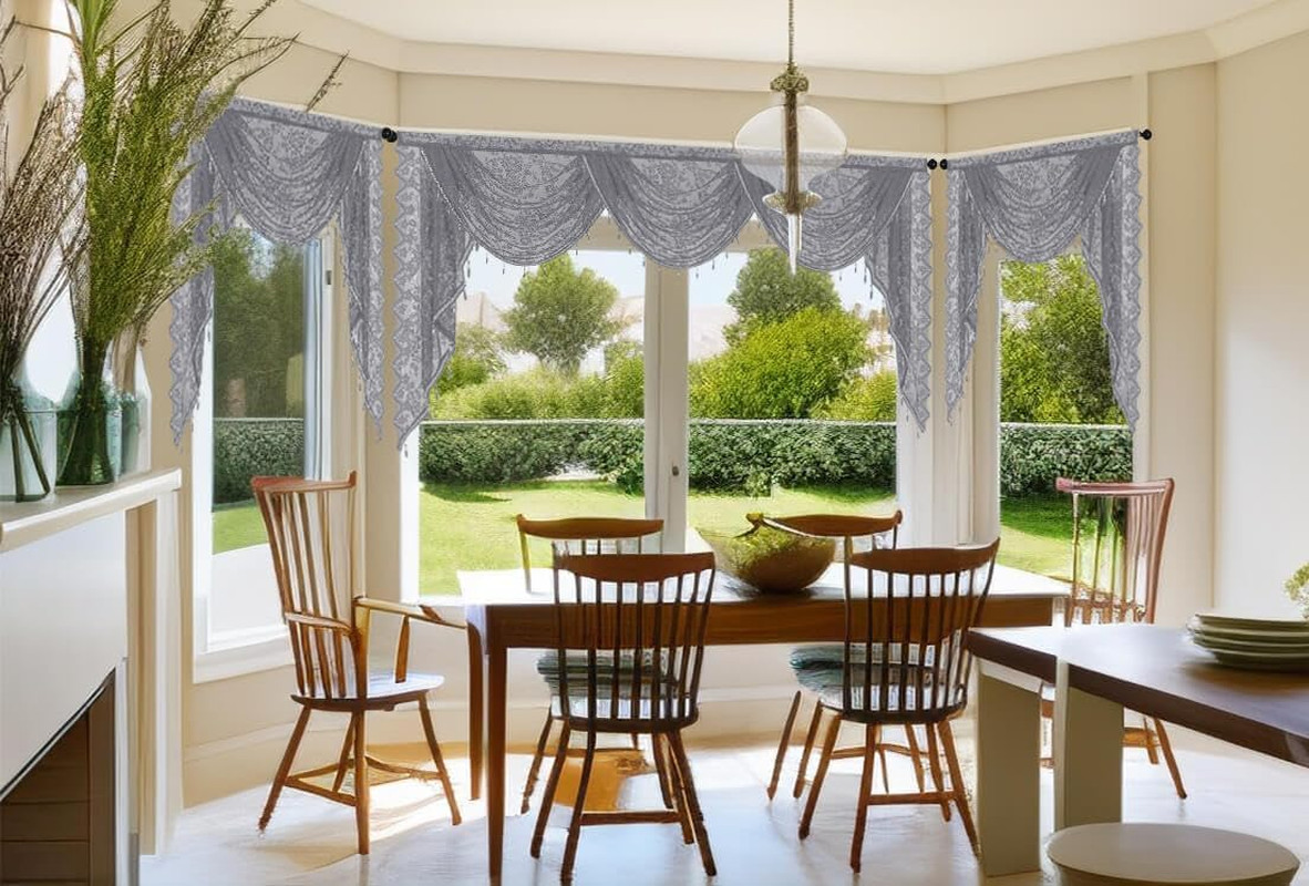 Grey Lace Waterfall Swag Curtain Valances for Living Room Windows, Boho Semi She