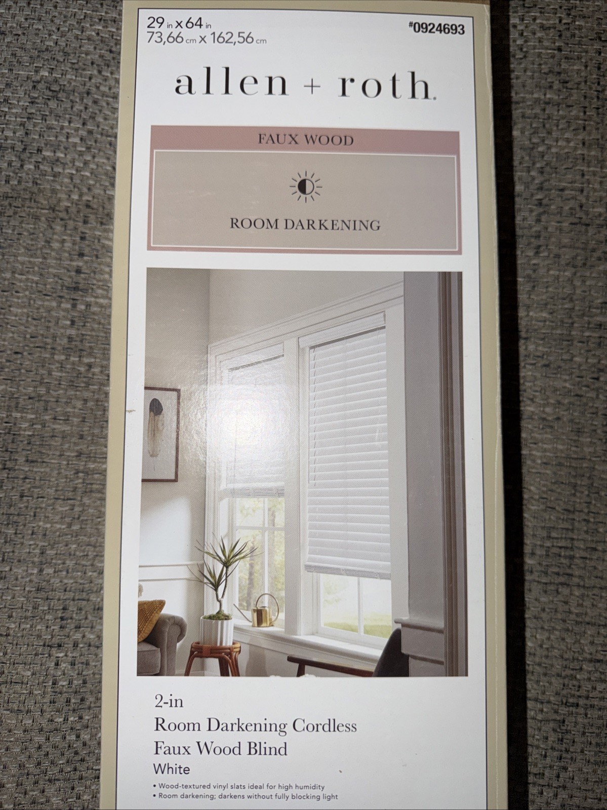 Allen + Roth 2” – 29”x64” Room Darkening Cordless Faux Wood Blind White – NIB