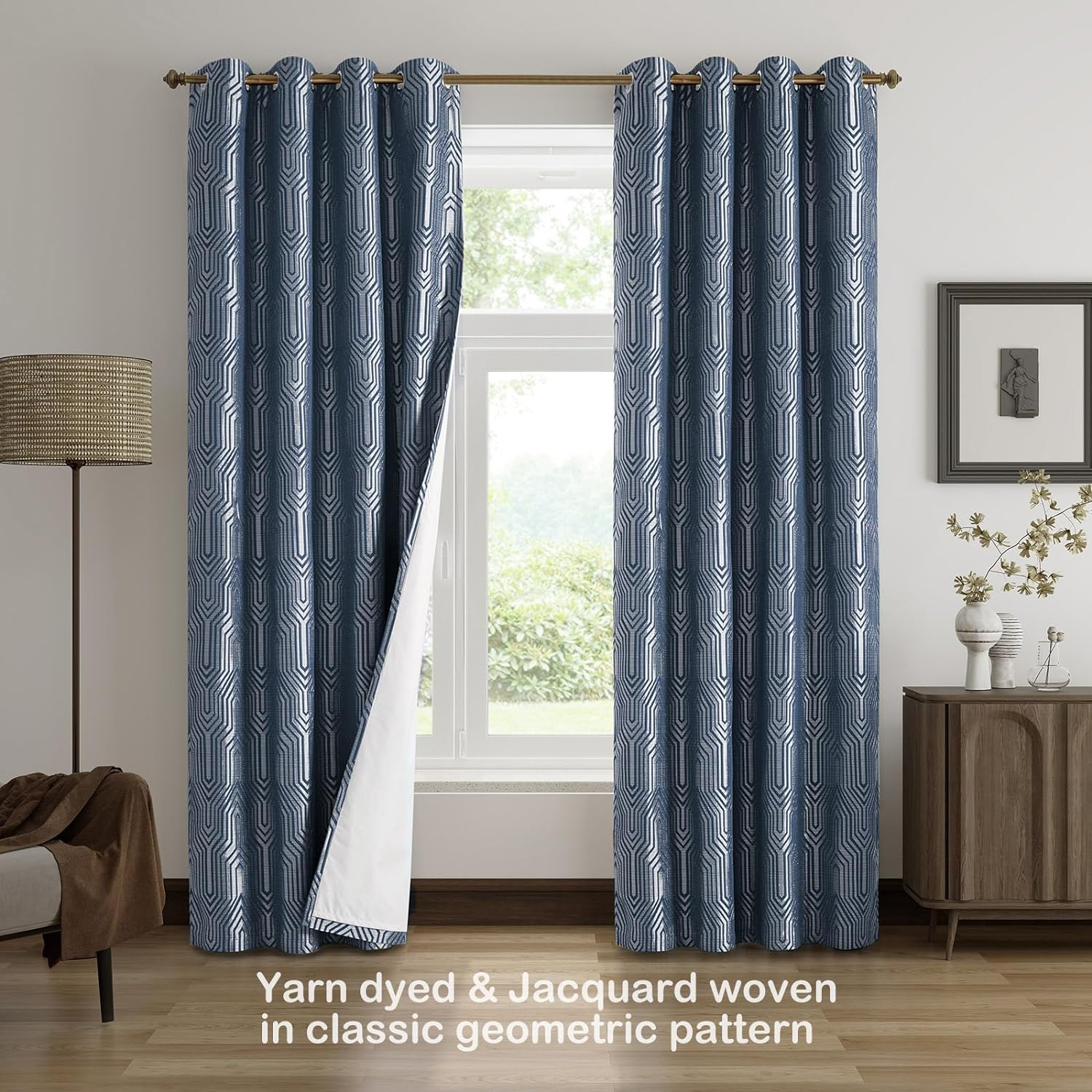 Indigo Blue Geometric Blackout Curtains, 52×96, Thermal Insulated Drapes