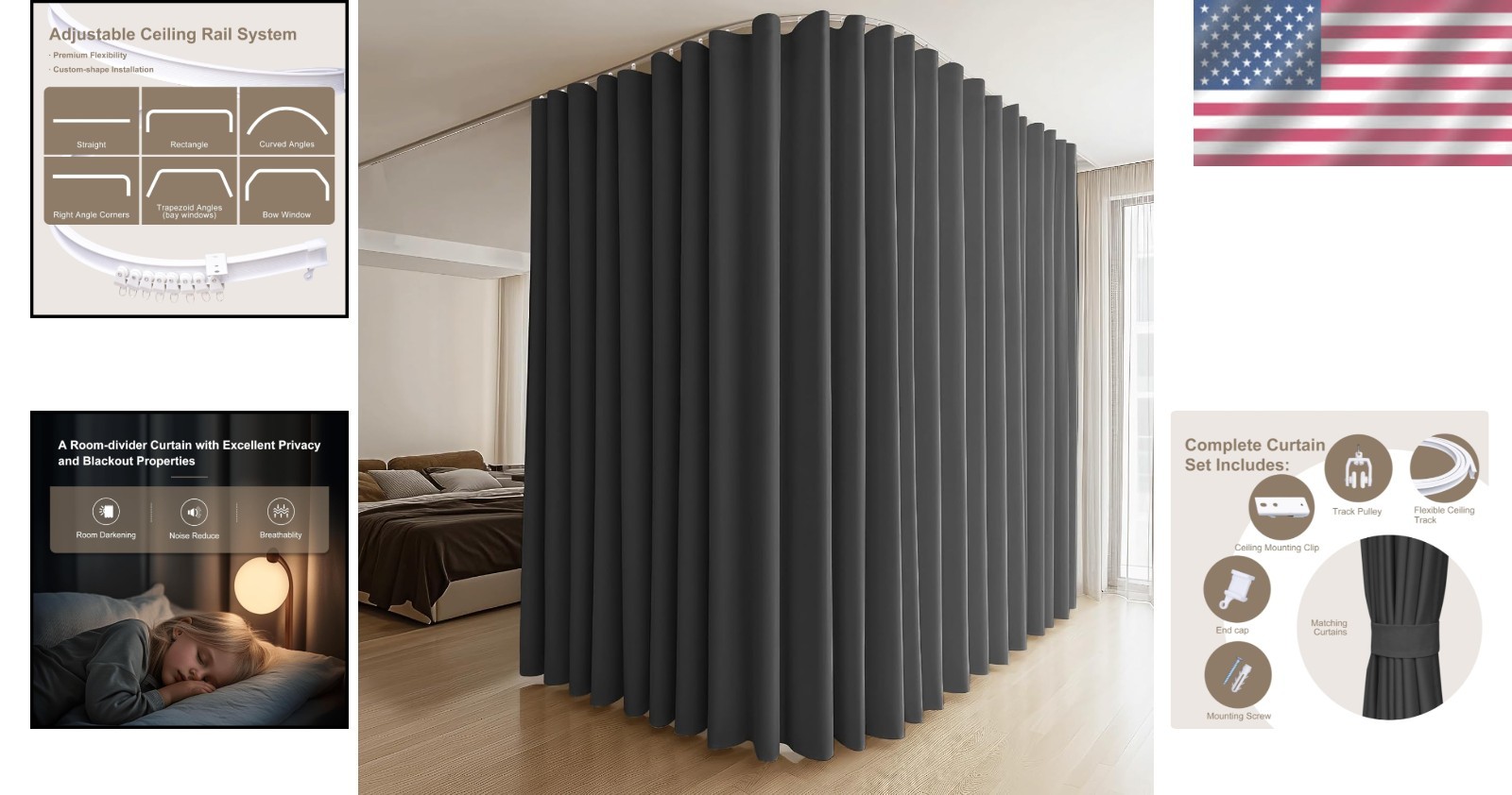 Room Divider Curtain Set Blackout Soundproof Thermal Insulated Ceiling Track