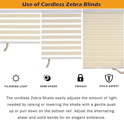 Cordless Zebra Blinds for Indoor Windows Free-Stop 20″W x 72″H Cordless Cream