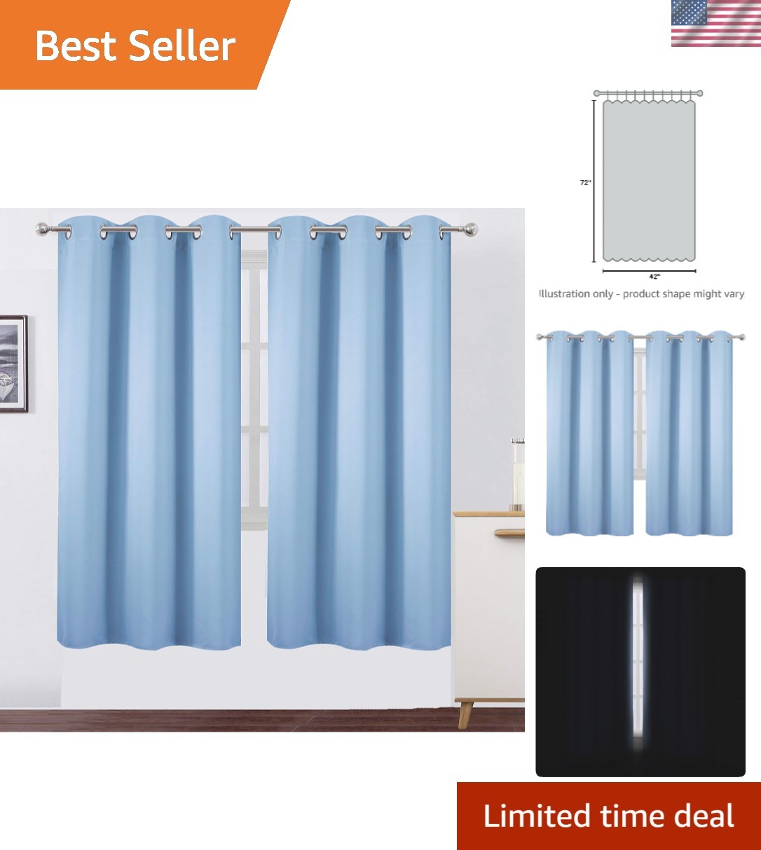 Sky Blue Thermal Blackout Curtains/42 x 72 Inch/Set of 2 Panels Room Darkenin…