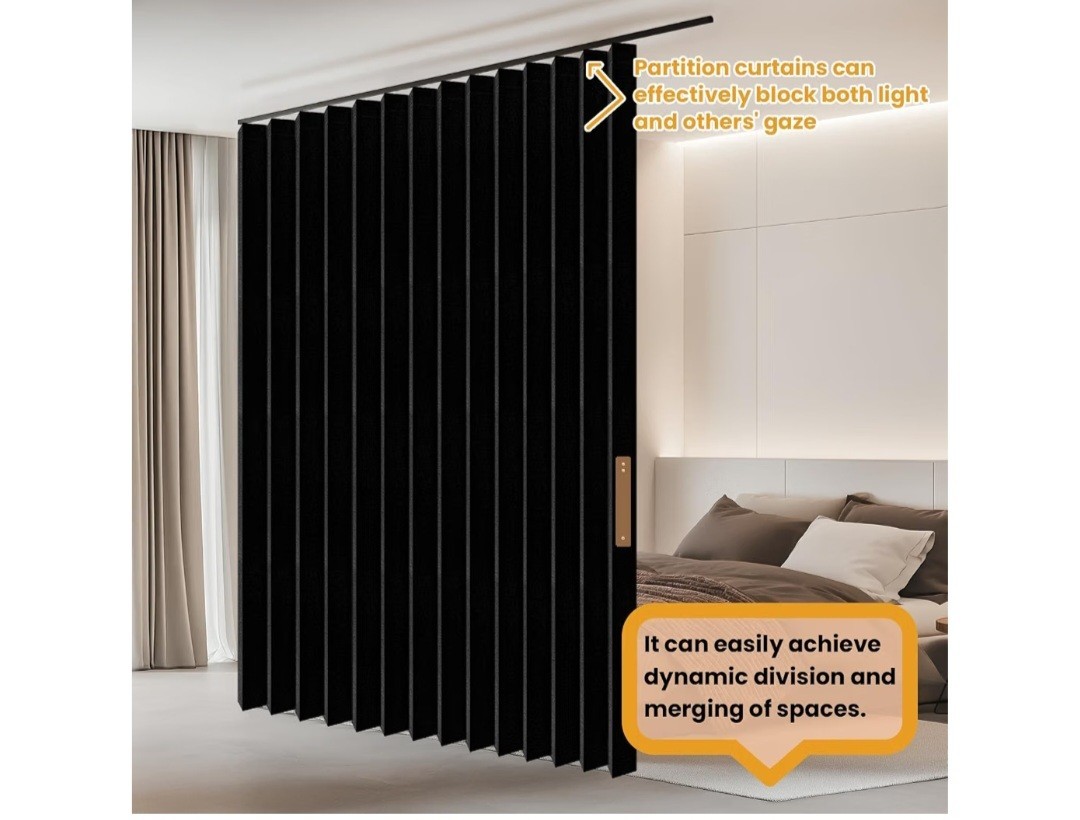 Jilron Room Divider Curtain-Black Fabric-100″x108″-Flexible Curtain Track-NEWSLD