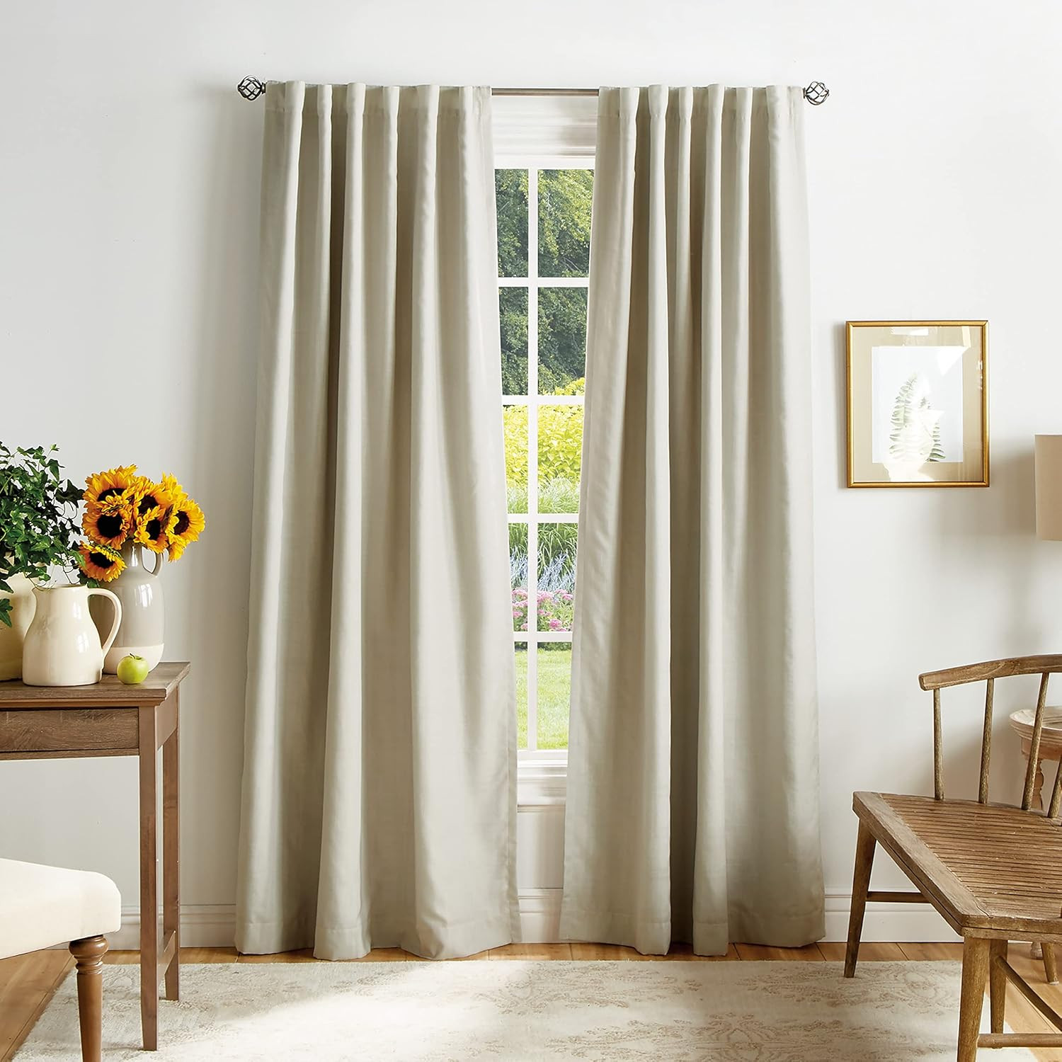 Bedford Woven Plaid Blackout Back Tab Window Curtain Panel Pair, 95″, Linen