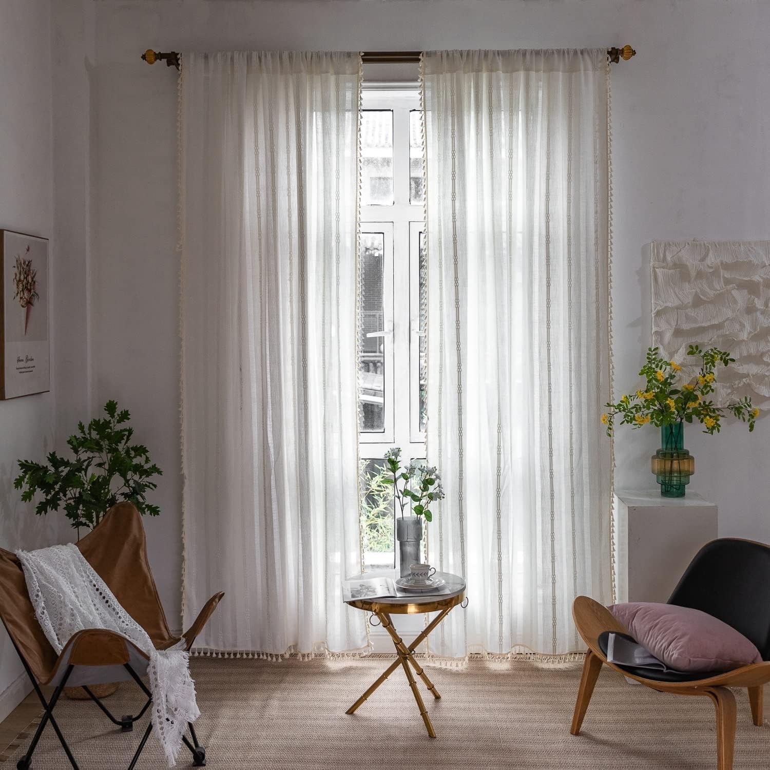 Bohemian-style embroidered linen curtains, 96 inches long, 2 panels,