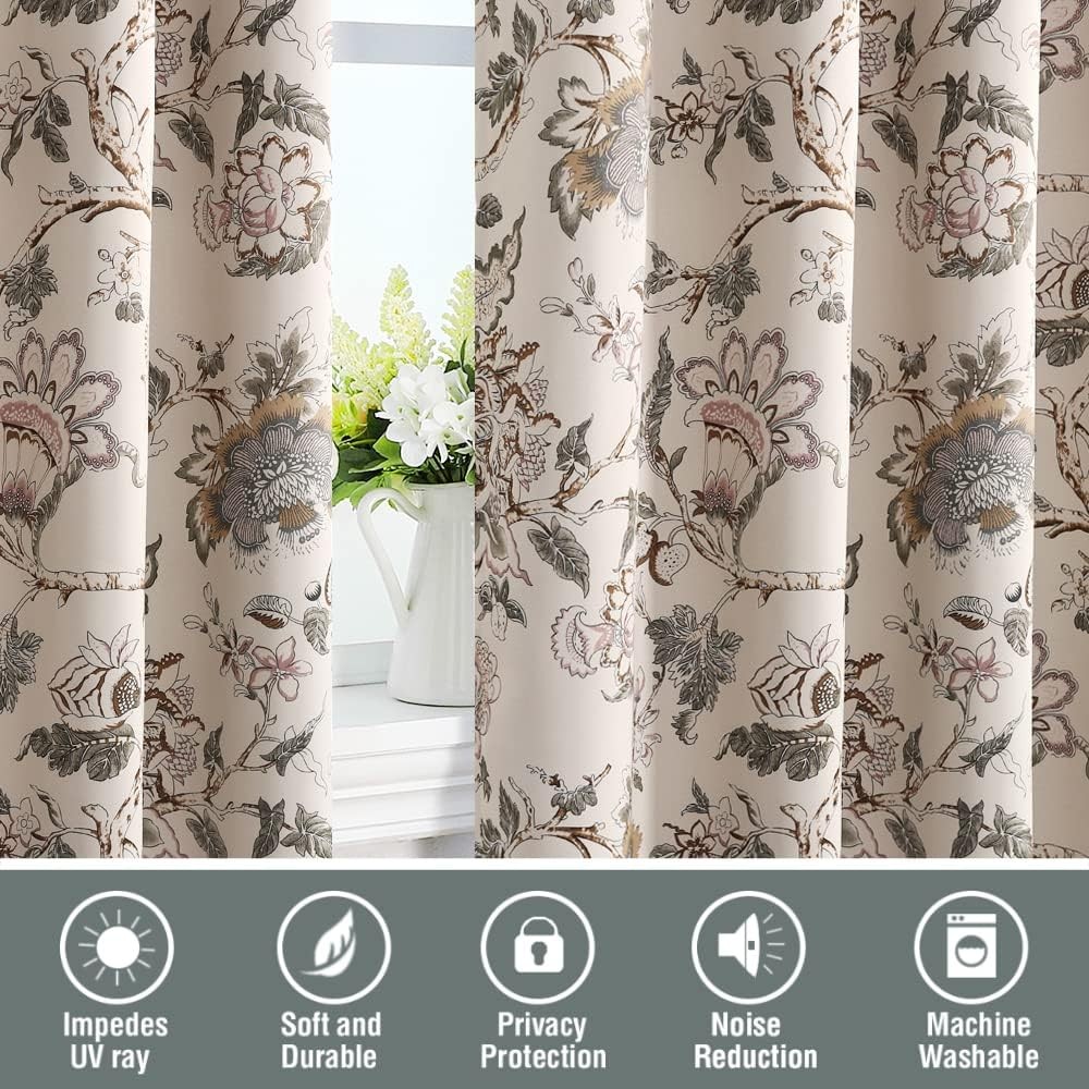 Blackout curtains, 84 inches long, set of 2, floral pattern curtains
