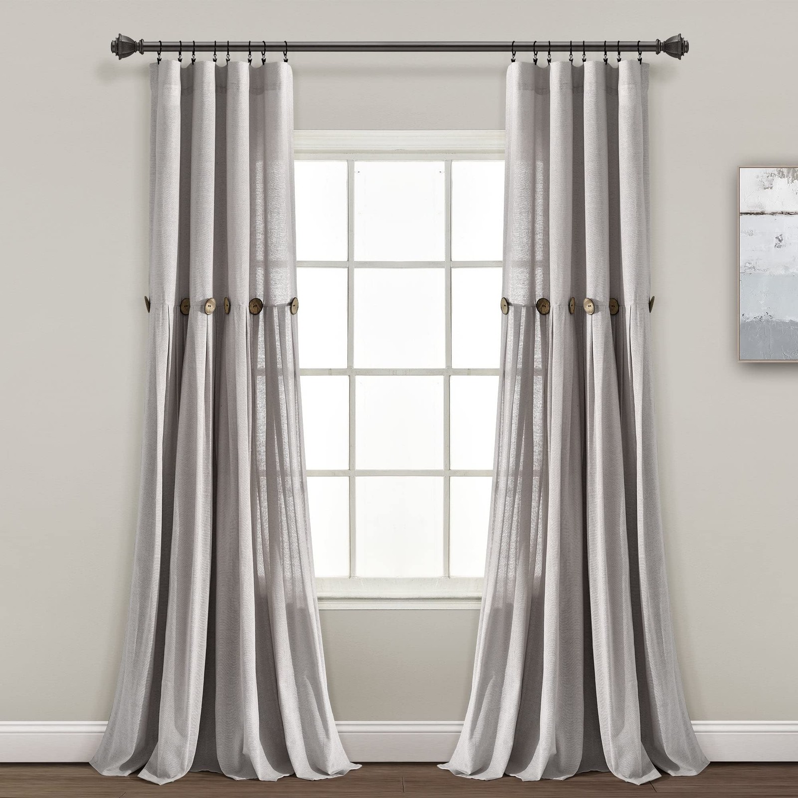 Lush Decor Linen Button Window Curtain Panel, 40″ W x 95″ L, Gray Single panel
