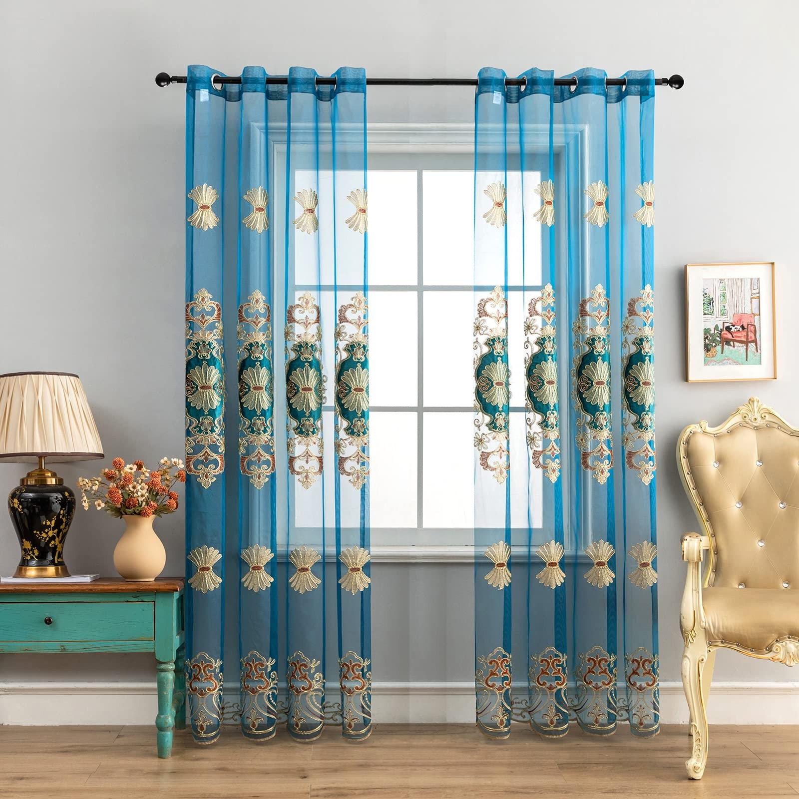 Classical Embroidered Sheer Curtain for Living Room Luxury European Style Pea…