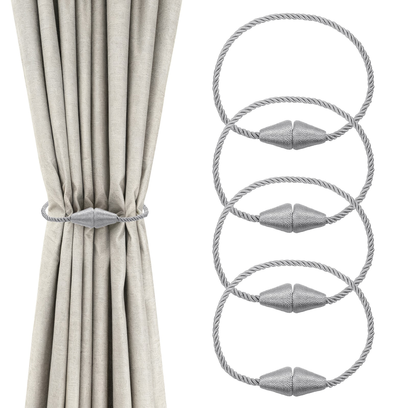 4Pcs Magnetic Curtain Tiebacks Modern Weave Curtain Tie Backs Silver Gray]