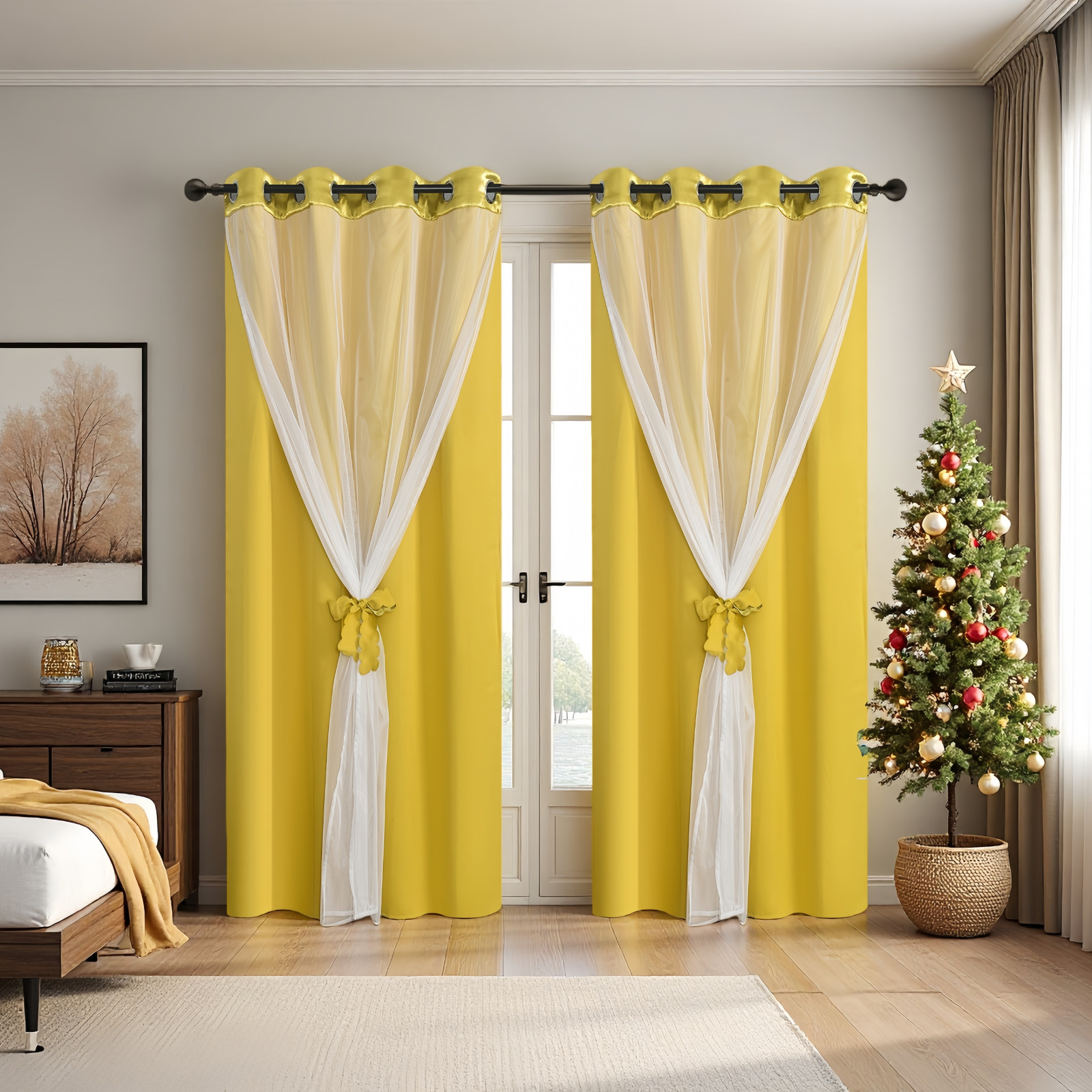 2 Panels Double Layered Curtains with White Sheer Tulle, Grommet Drapes