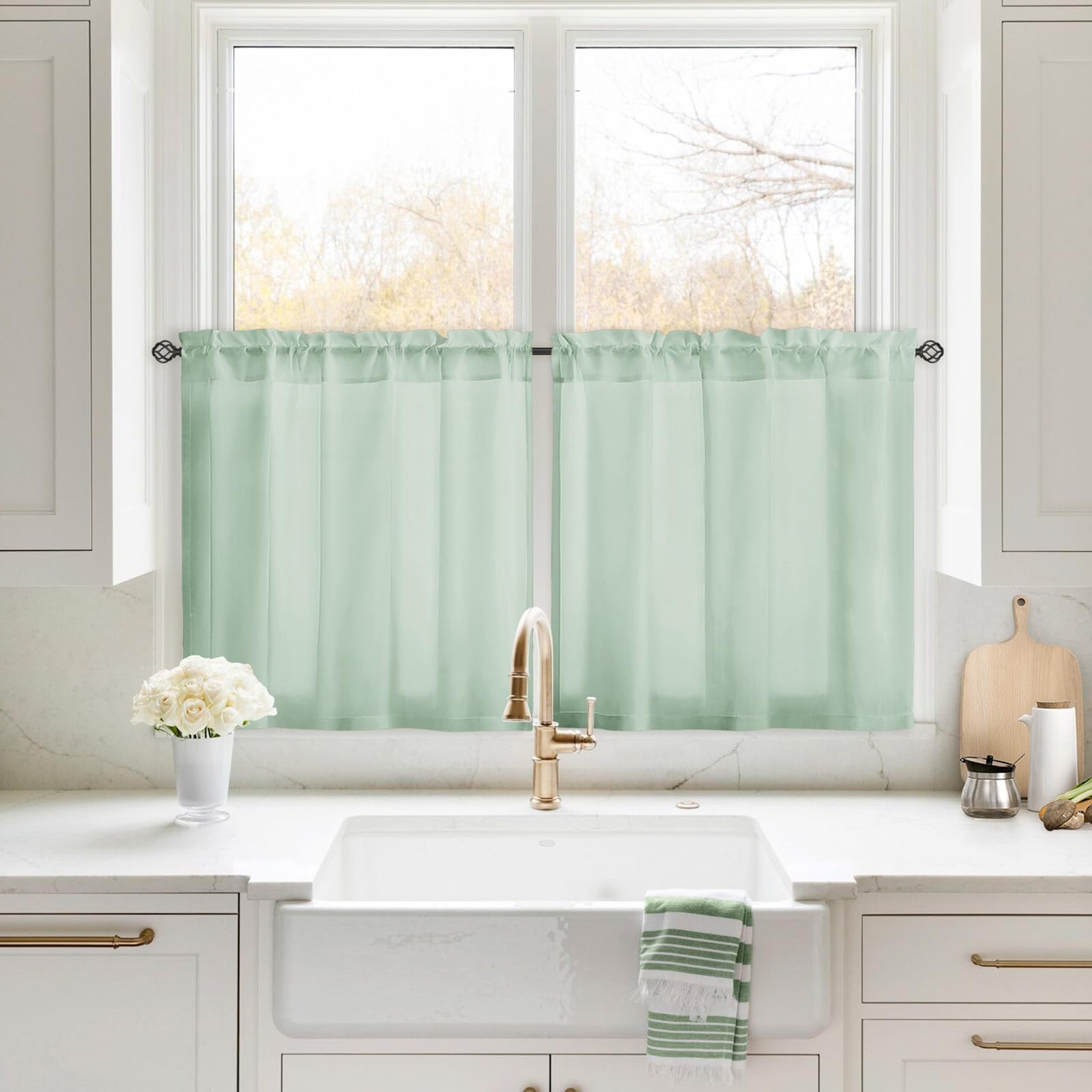 Non-See-Through Sage Green Privacy Sheer Curtains, 30 X 24 Inches Long 2 Pane…