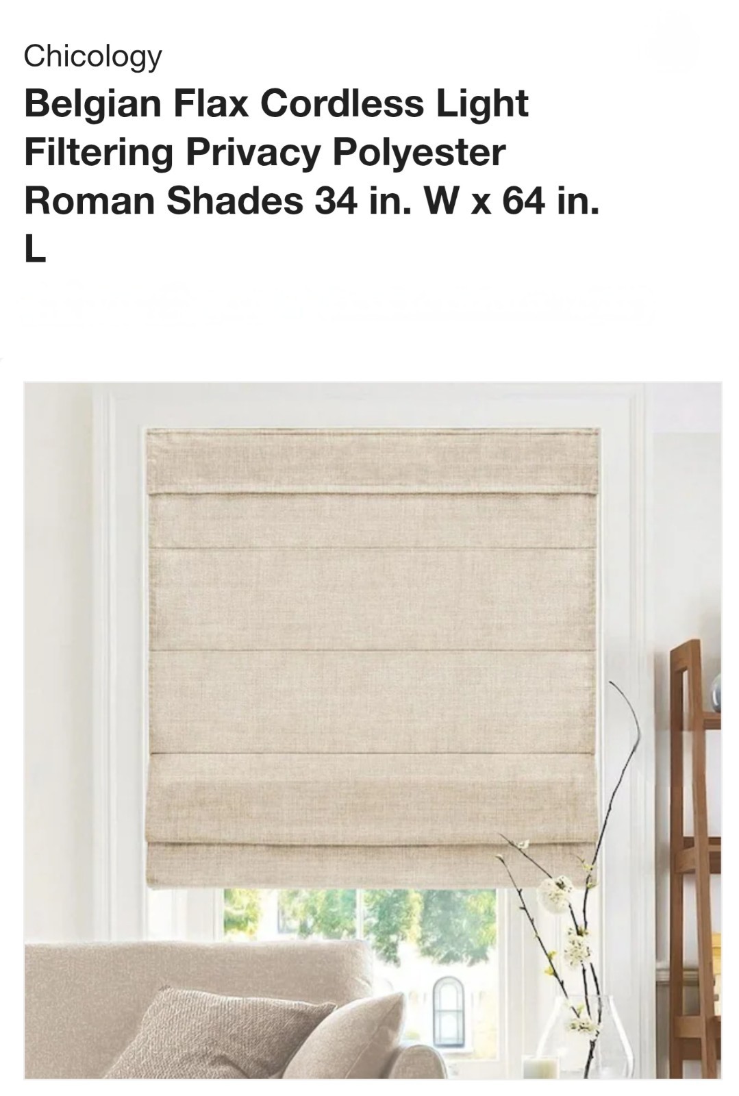 Roman Shade 34 in. W x 64 in. L
