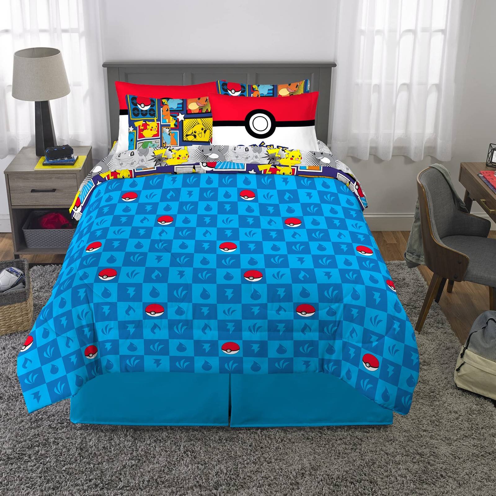 Franco Kids Bedding Super Soft Comforter and Sheet 7 Piece Full Size, Pokemon